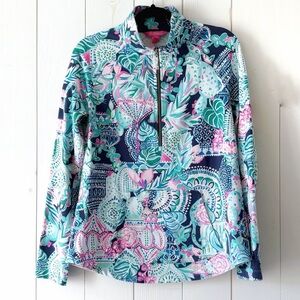 Lilly Pulitzer Cats Navy and Pink Floral Half-Zip Popover Jacket Size Small
